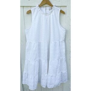 Loft Swing Dress Eyelet Ruffle Neck Tiered 100% Cotton Sleeveless White XL